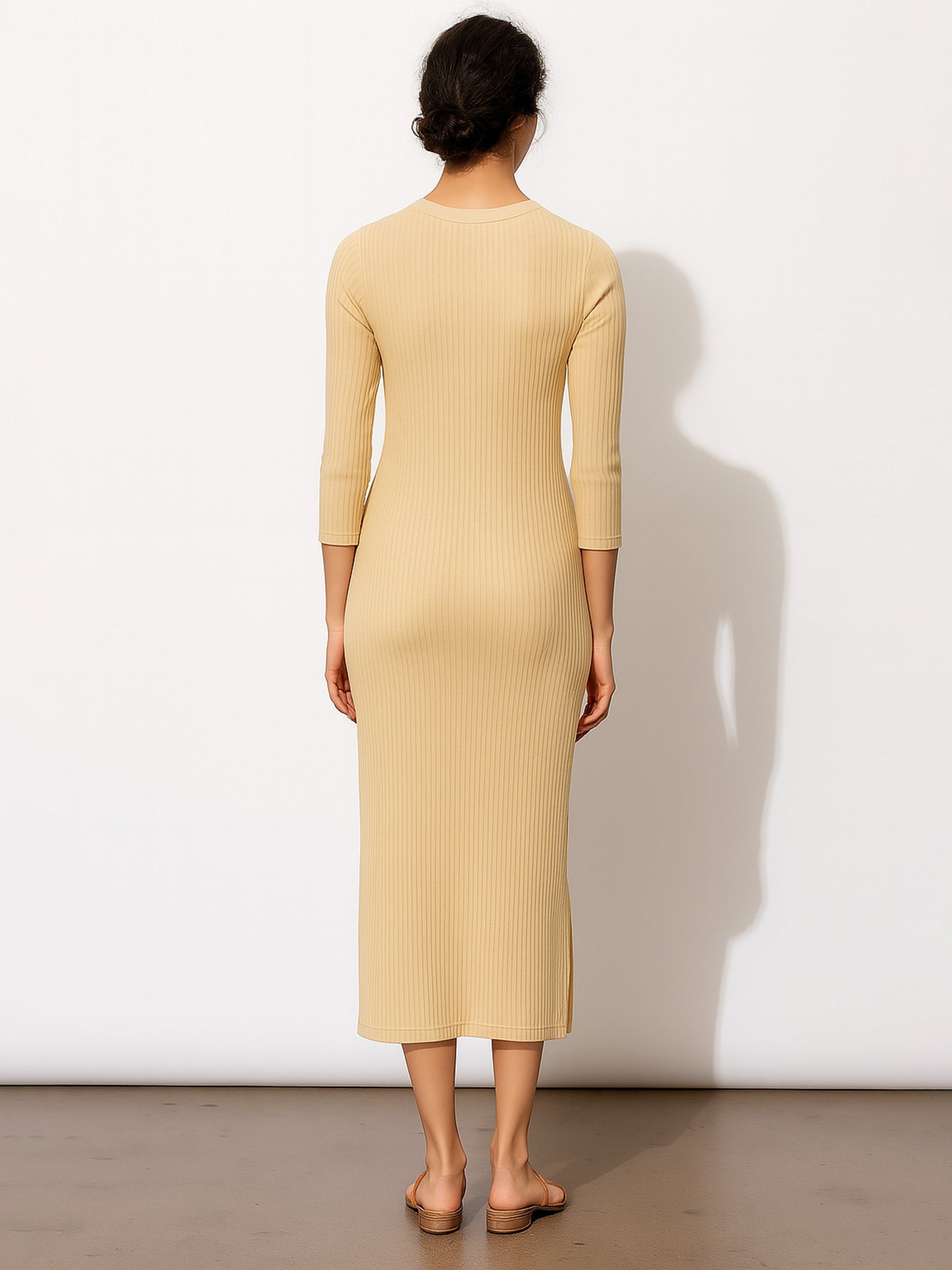 Beige Rib Mock Round Neck Midi Dress-SASSAFRAS