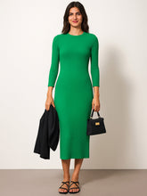 Green Rib Mock Round Neck Midi Dress-SASSAFRAS