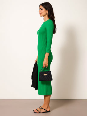 Green Rib Mock Round Neck Midi Dress-SASSAFRAS