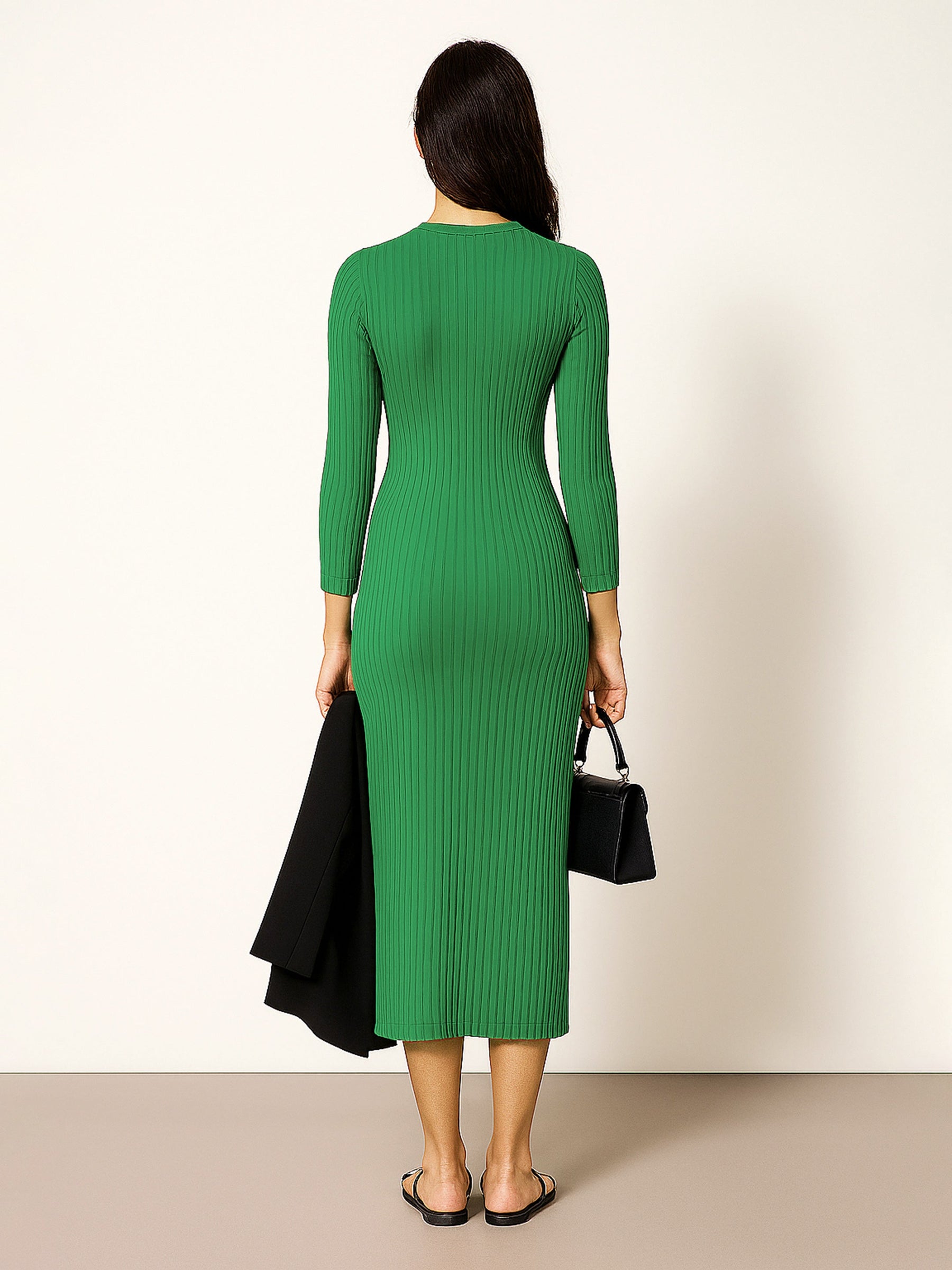 Green Rib Mock Round Neck Midi Dress-SASSAFRAS