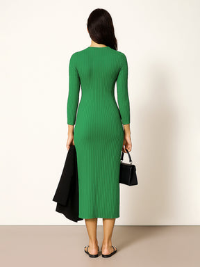 Green Rib Mock Round Neck Midi Dress-SASSAFRAS