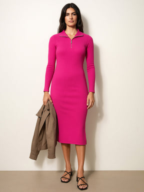 Fuchsia Rib High Neck Front Half Zipper Dress-SASSAFRAS