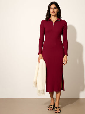 Maroon Rib High Neck Front Half Zipper Dress-SASSAFRAS