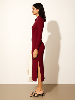 Maroon Rib High Neck Front Half Zipper Dress-SASSAFRAS
