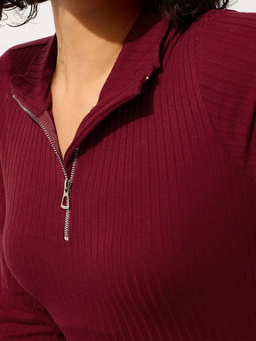 Maroon Rib High Neck Front Half Zipper Dress-SASSAFRAS