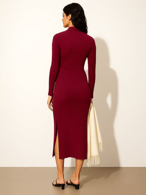 Maroon Rib High Neck Front Half Zipper Dress-SASSAFRAS