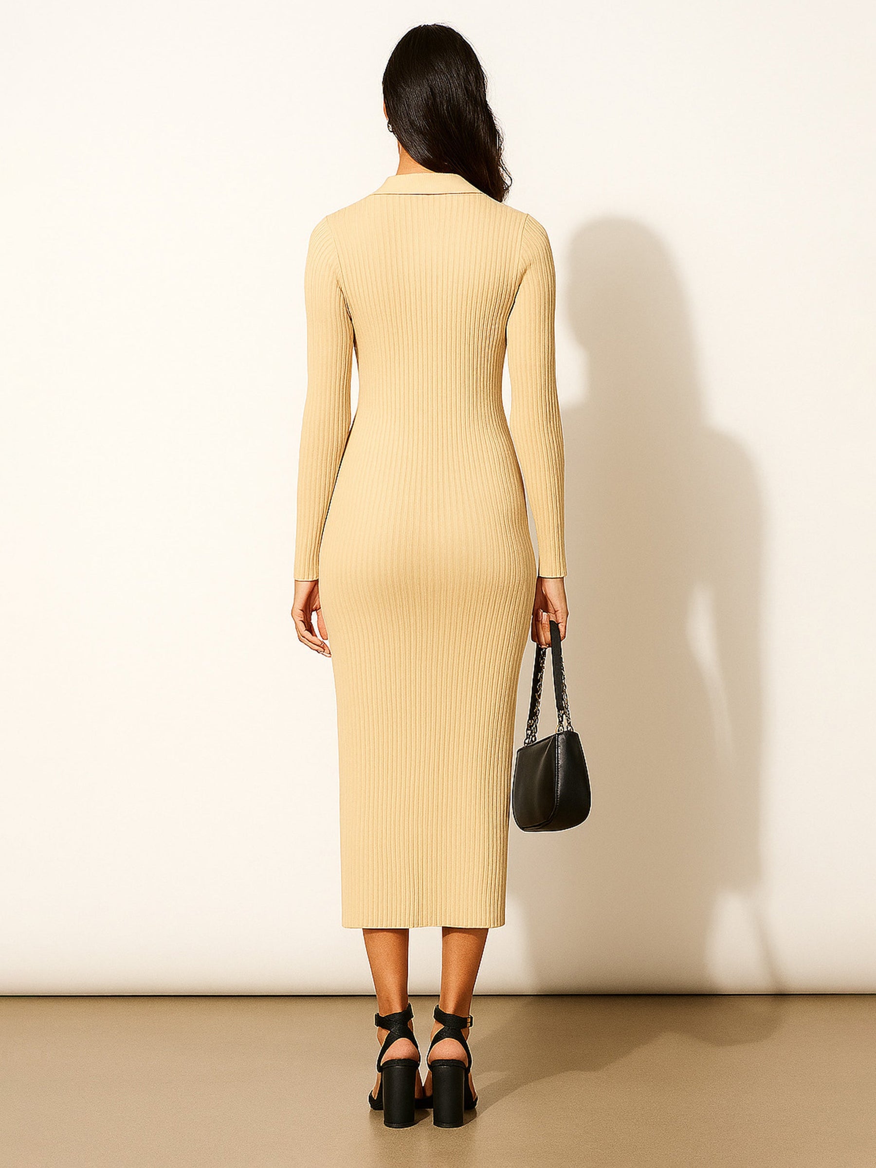 Beige Rib Polo Neck Bodycon Midi Dress-SASSAFRAS