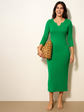 Green Rib Deep V-Neck Ankle Midi Dress-SASSAFRAS