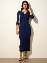 Navy Rib Deep V-Neck Ankle Midi Dress-SASSAFRAS