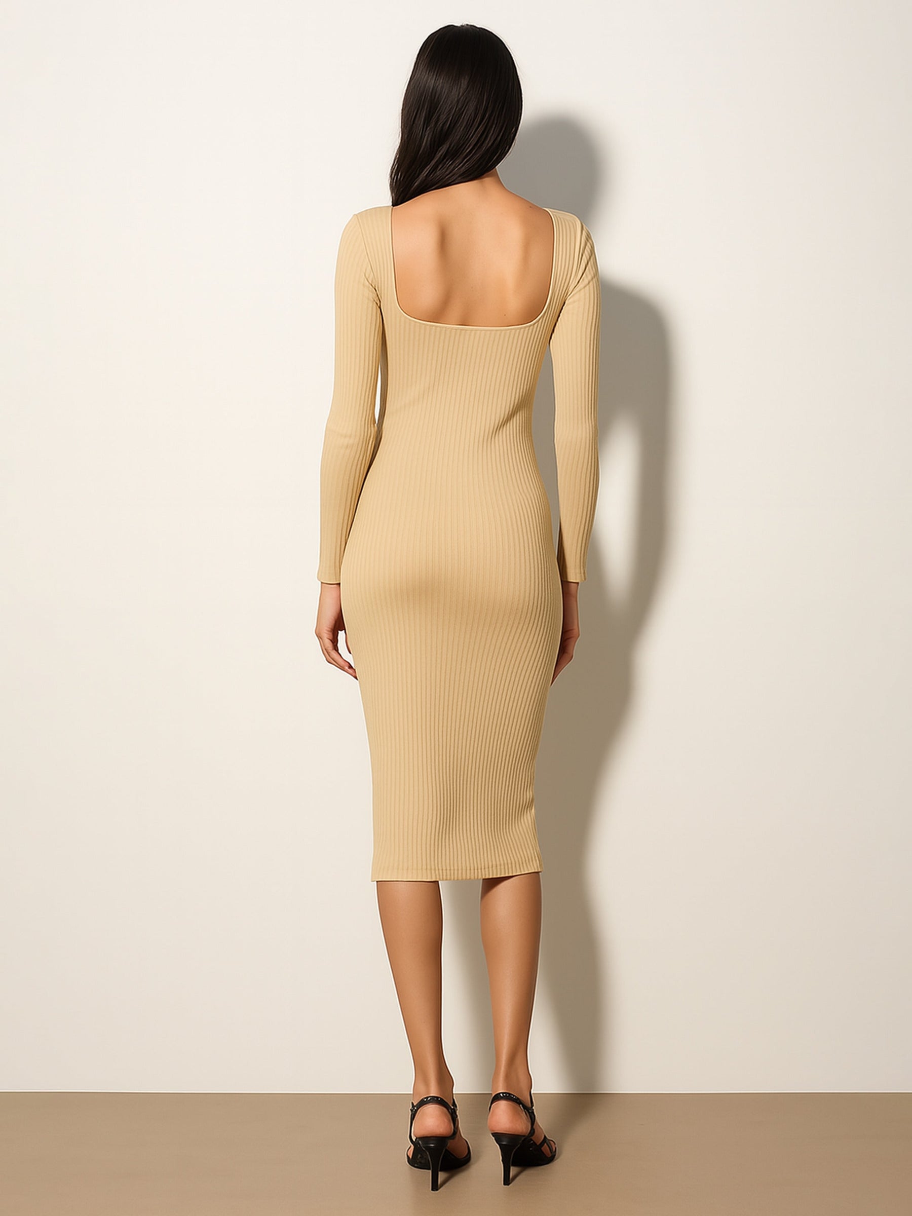 Beige Rib Square Neck FS Midi Dress-SASSAFRAS