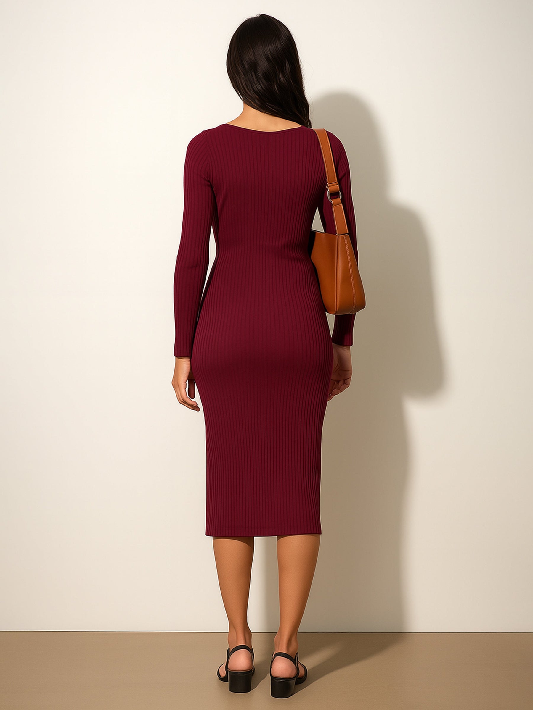 Maroon Rib Sweetheart Neck Knee Dress-SASSAFRAS