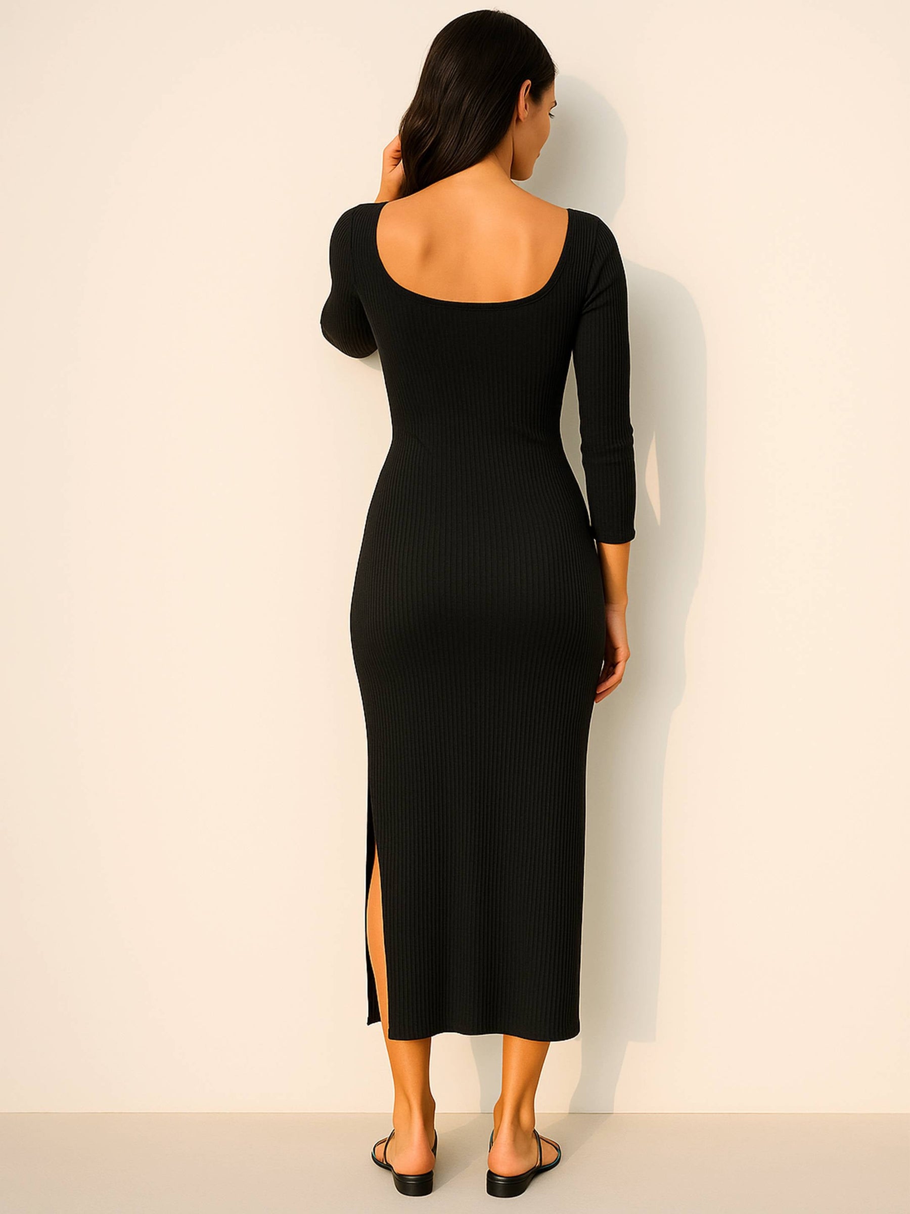 Black Rib Side Slit Wrap Neck Cut-Out Midi Dress-SASSAFRAS