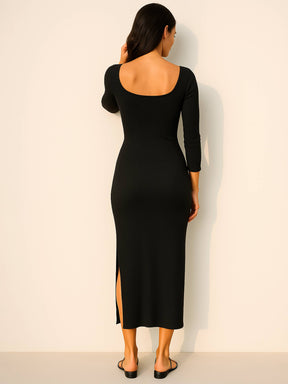 Black Rib Side Slit Wrap Neck Cut-Out Midi Dress-SASSAFRAS
