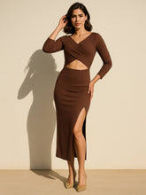Brown Rib Side Slit Wrap Neck Cut-Out Midi Dress-SASSAFRAS