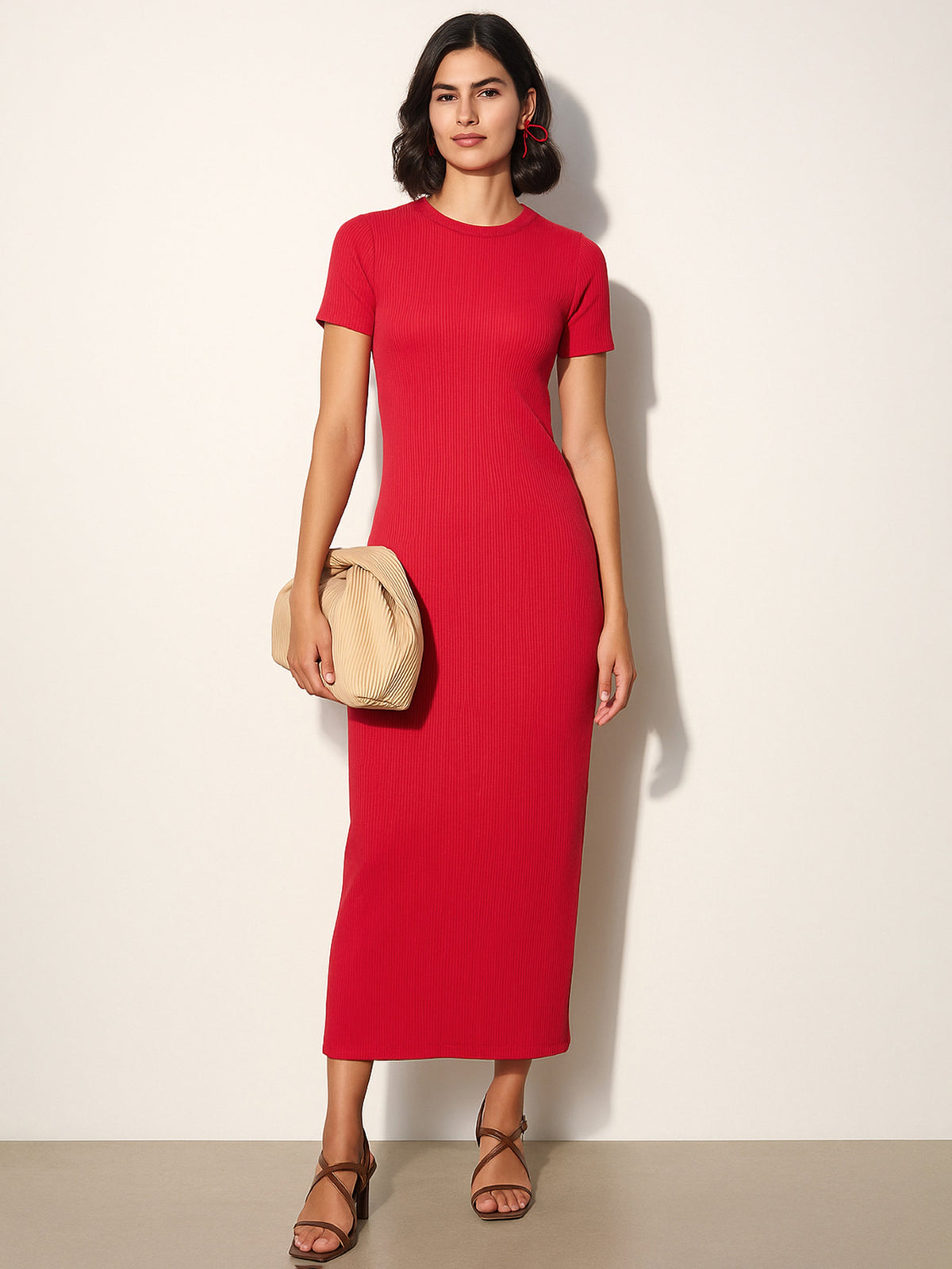 Red Rib Bodycon Back Slit Maxi Dress-SASSAFRAS