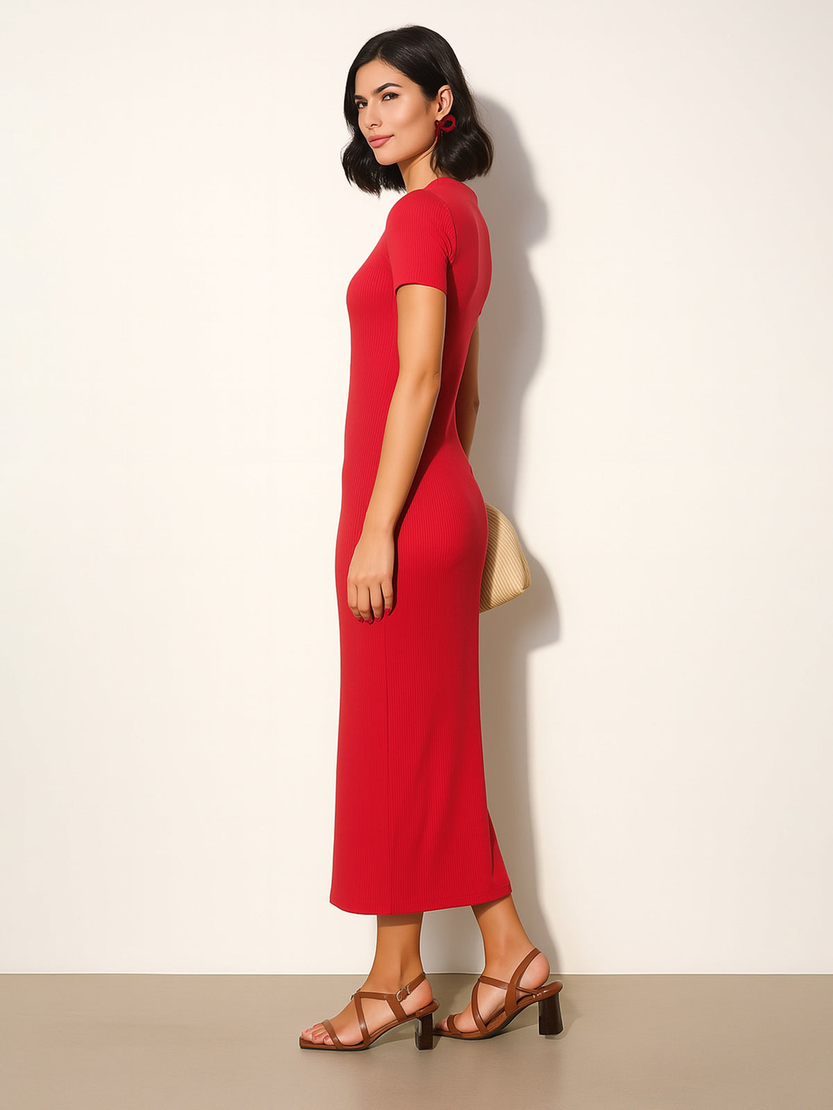 Red Rib Bodycon Back Slit Maxi Dress-SASSAFRAS