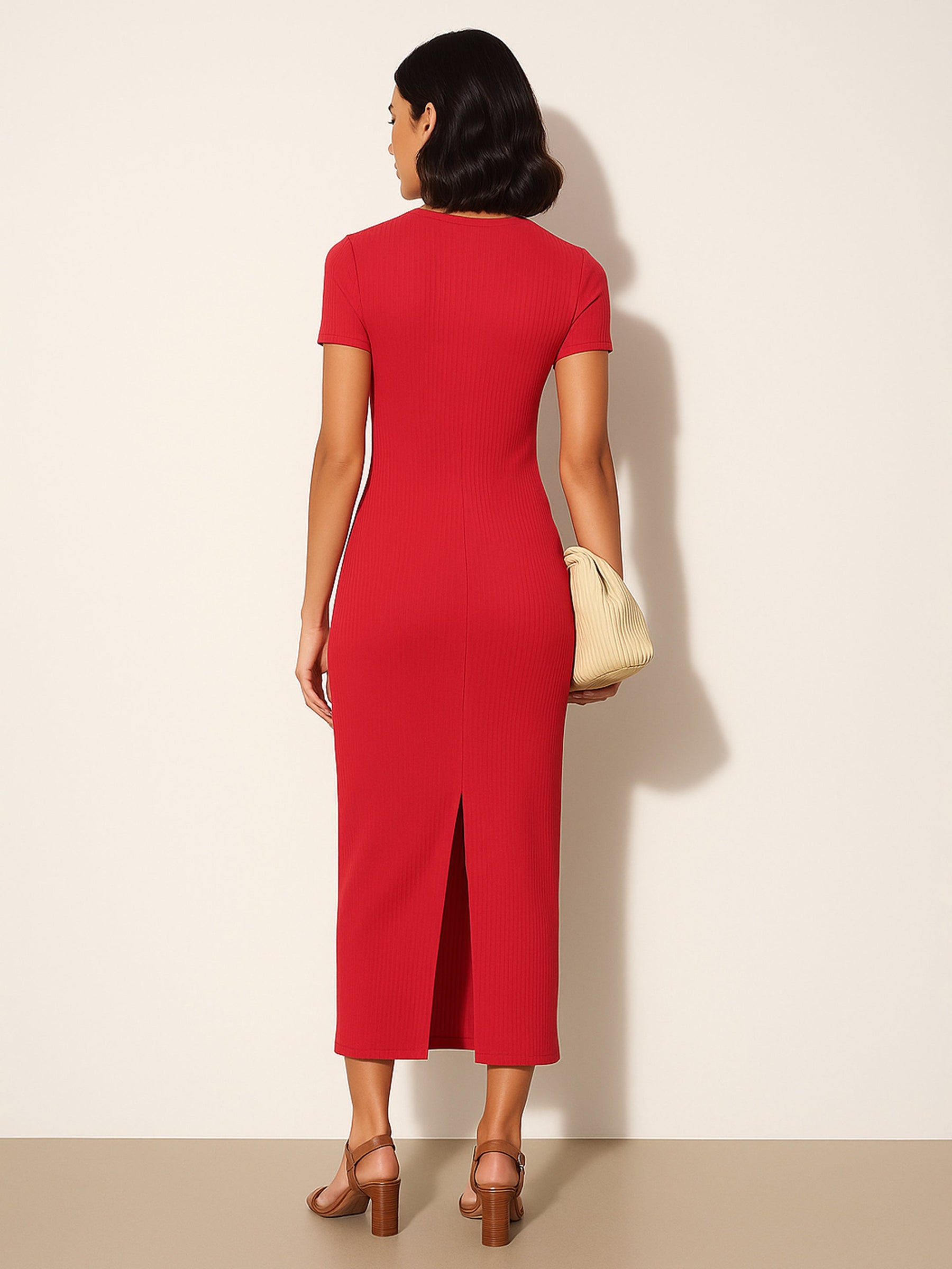 Red Rib Bodycon Back Slit Maxi Dress-SASSAFRAS
