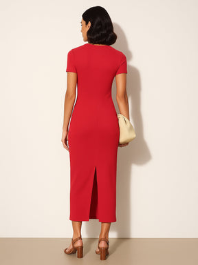 Red Rib Bodycon Back Slit Maxi Dress-SASSAFRAS