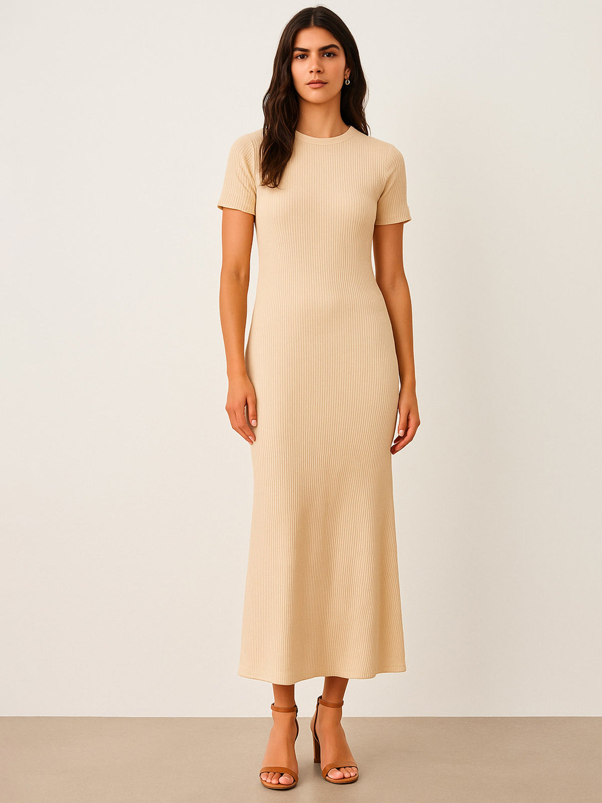 Beige Rib Bodycon Back Slit Maxi Dress-SASSAFRAS