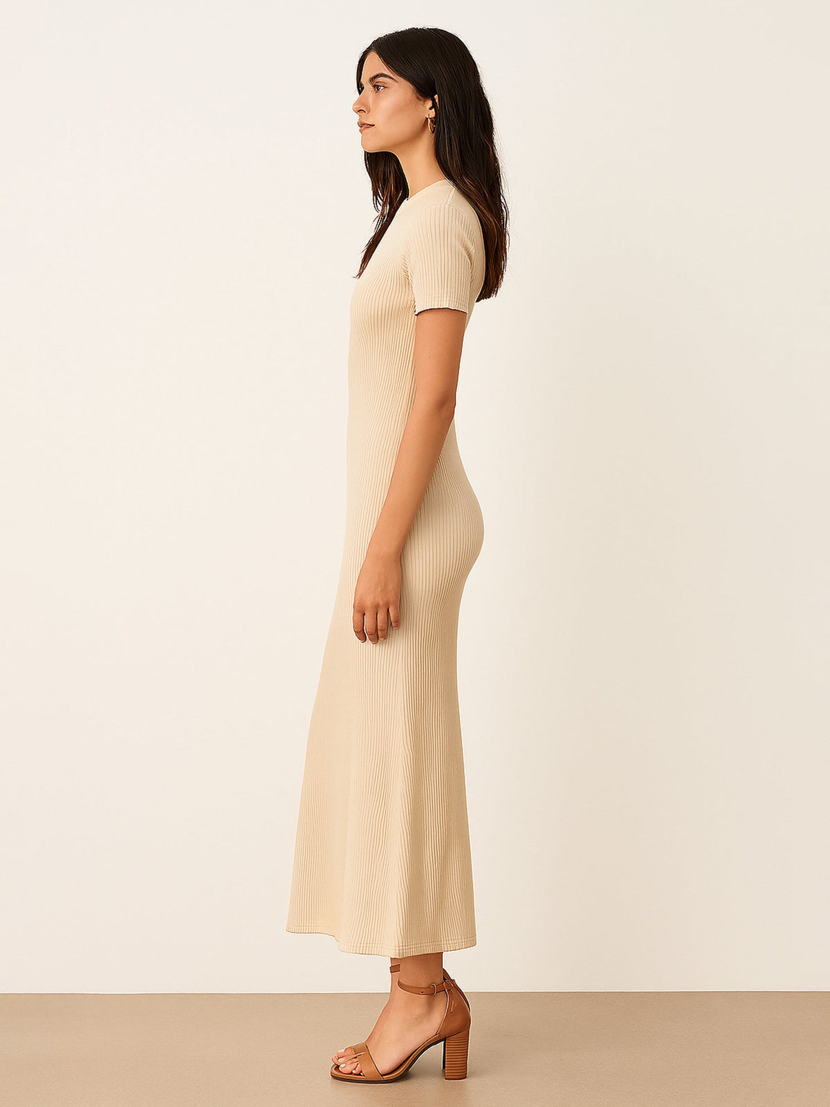 Beige Rib Bodycon Back Slit Maxi Dress-SASSAFRAS