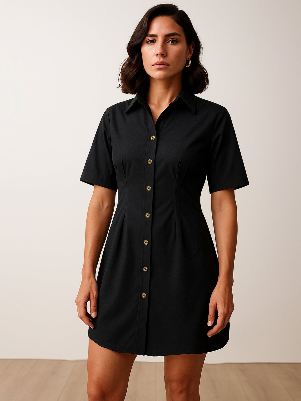 Black Smocked Pure Cotton Shirt Mini Dress-SASSAFRAS