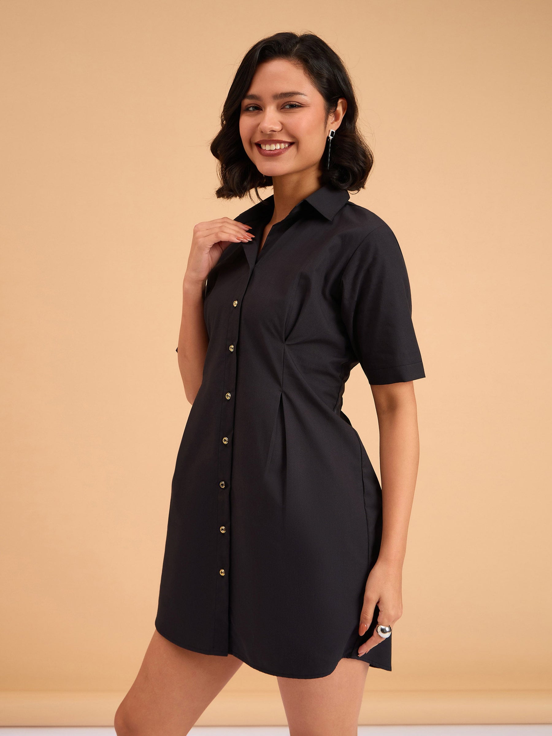 Black Smocked Pure Cotton Shirt Mini Dress-SASSAFRAS