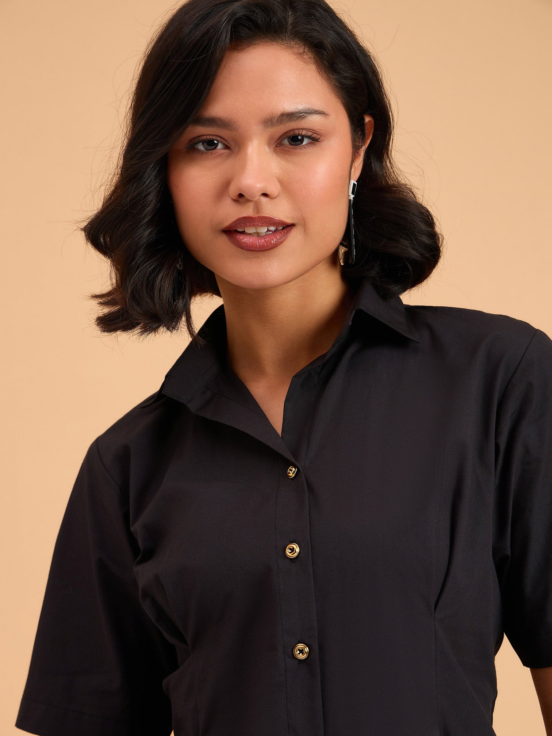 Black Smocked Pure Cotton Shirt Mini Dress-SASSAFRAS