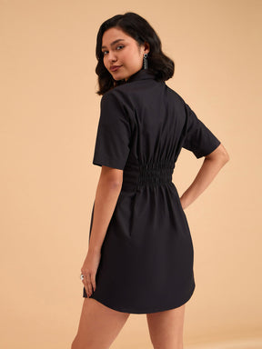 Black Smocked Pure Cotton Shirt Mini Dress-SASSAFRAS