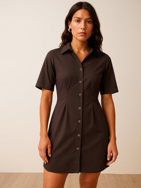 Brown Smocked Pure Cotton Shirt Mini Dress-SASSAFRAS