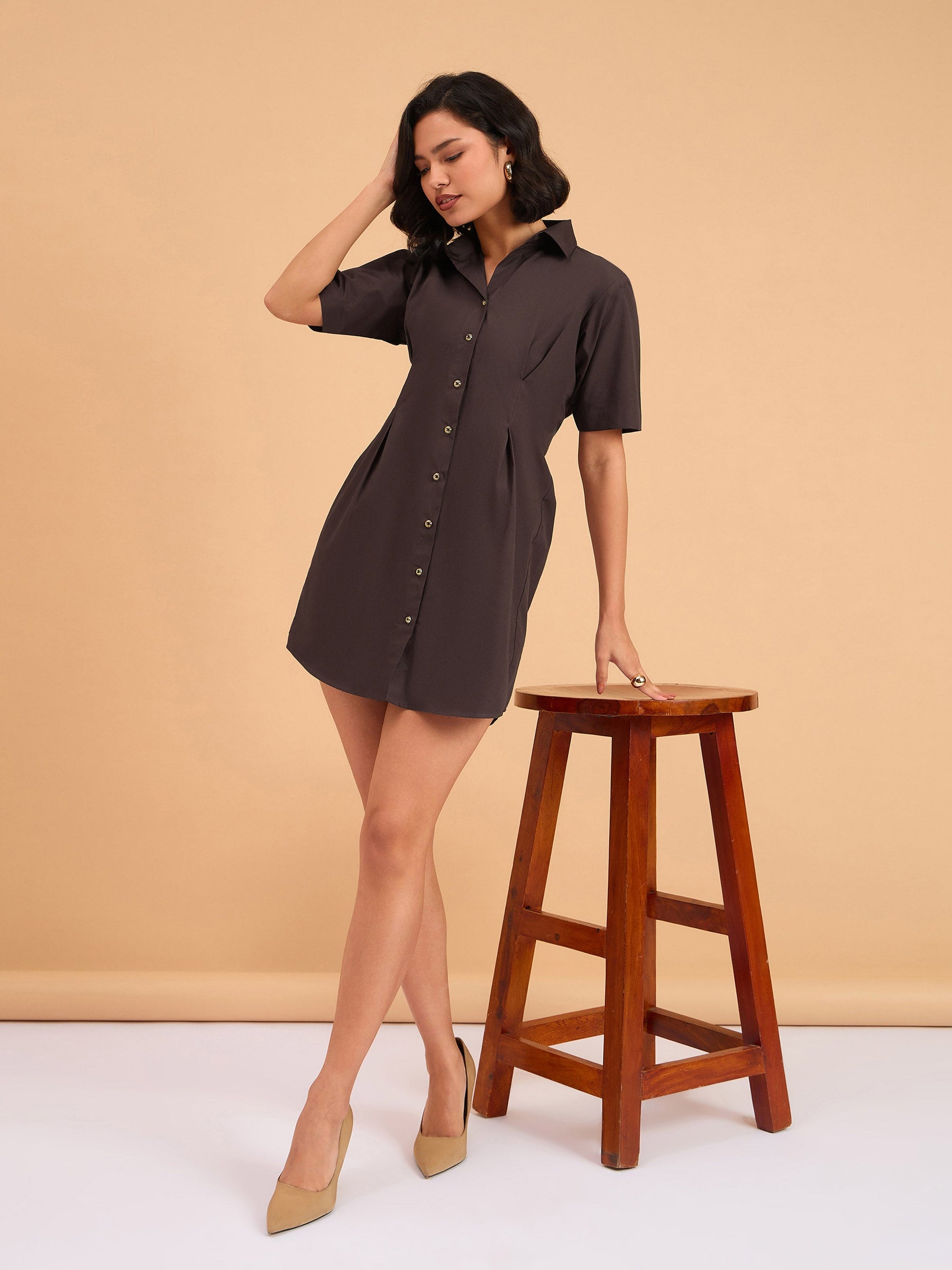 Brown Smocked Pure Cotton Shirt Mini Dress-SASSAFRAS