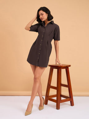 Brown Smocked Pure Cotton Shirt Mini Dress-SASSAFRAS