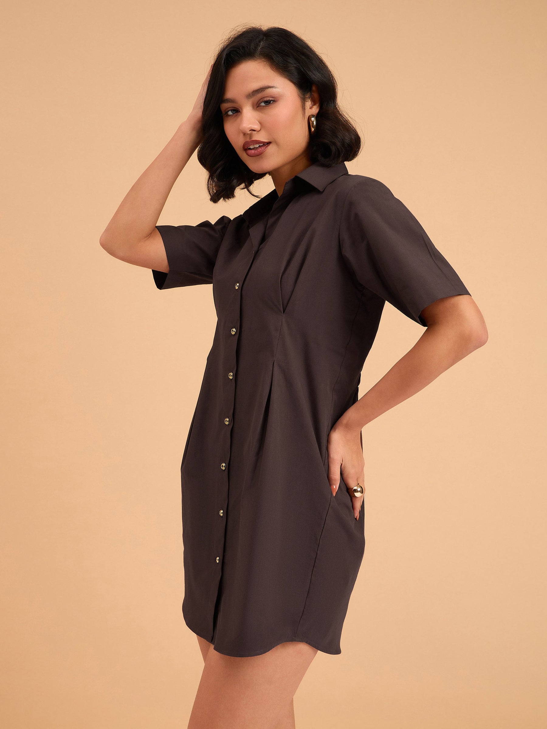 Brown Smocked Pure Cotton Shirt Mini Dress-SASSAFRAS