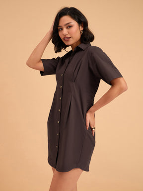 Brown Smocked Pure Cotton Shirt Mini Dress-SASSAFRAS