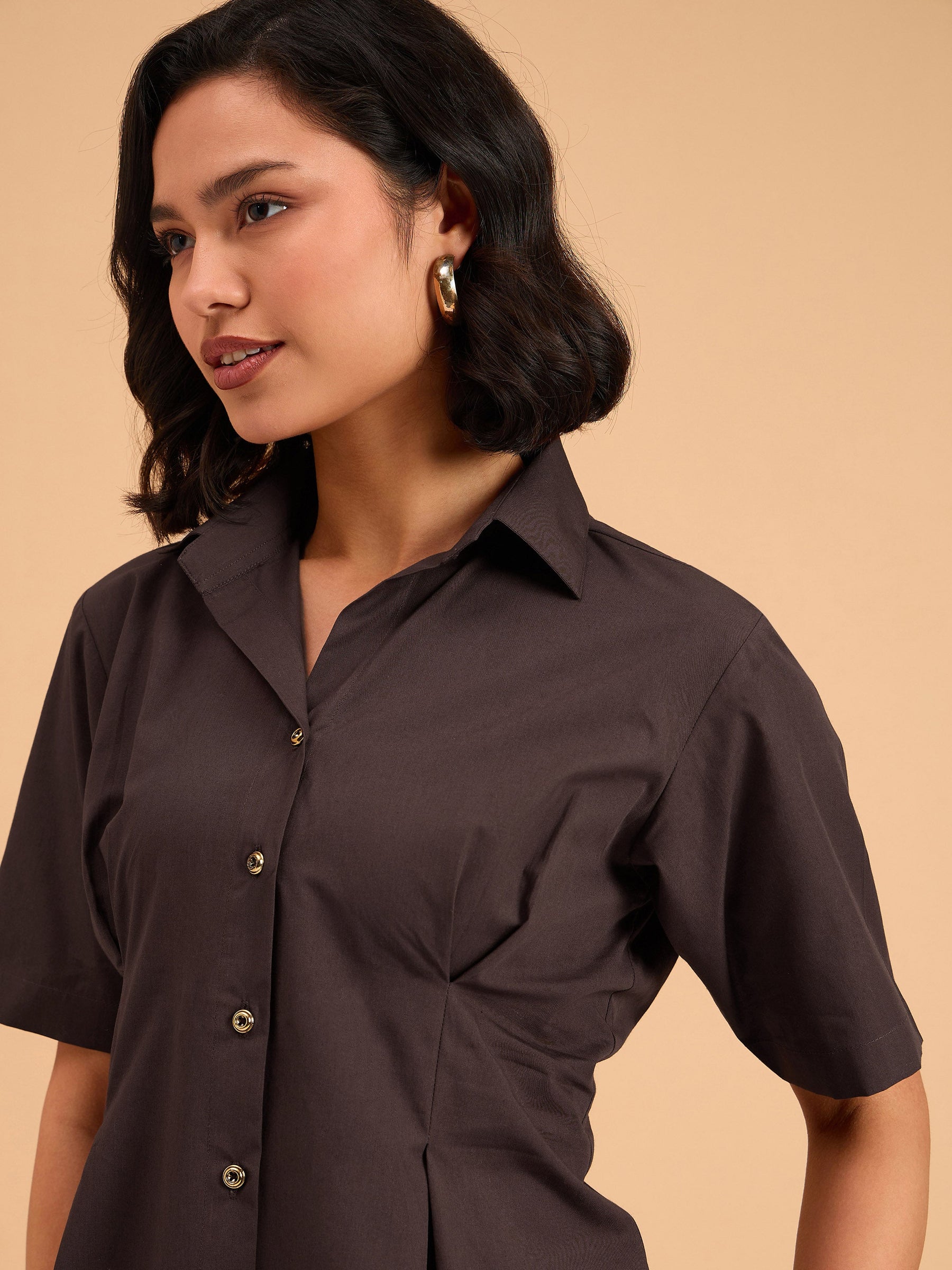 Brown Smocked Pure Cotton Shirt Mini Dress-SASSAFRAS