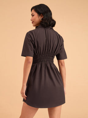 Brown Smocked Pure Cotton Shirt Mini Dress-SASSAFRAS