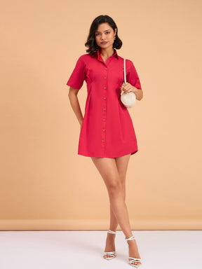 Red Smocked Pure Cotton Shirt Mini Dress-SASSAFRAS