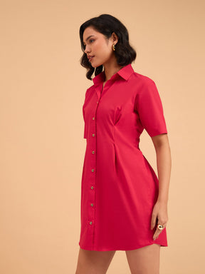 Red Smocked Pure Cotton Shirt Mini Dress-SASSAFRAS