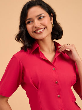 Red Smocked Pure Cotton Shirt Mini Dress-SASSAFRAS