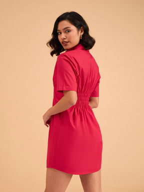 Red Smocked Pure Cotton Shirt Mini Dress-SASSAFRAS