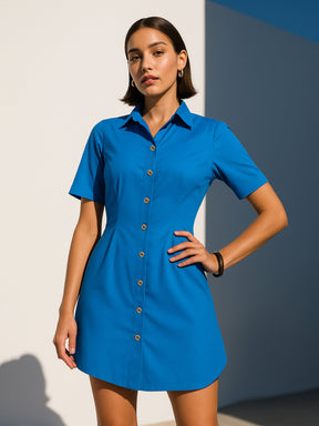 Royal Smocked Pure Cotton Shirt Mini Dress-SASSAFRAS