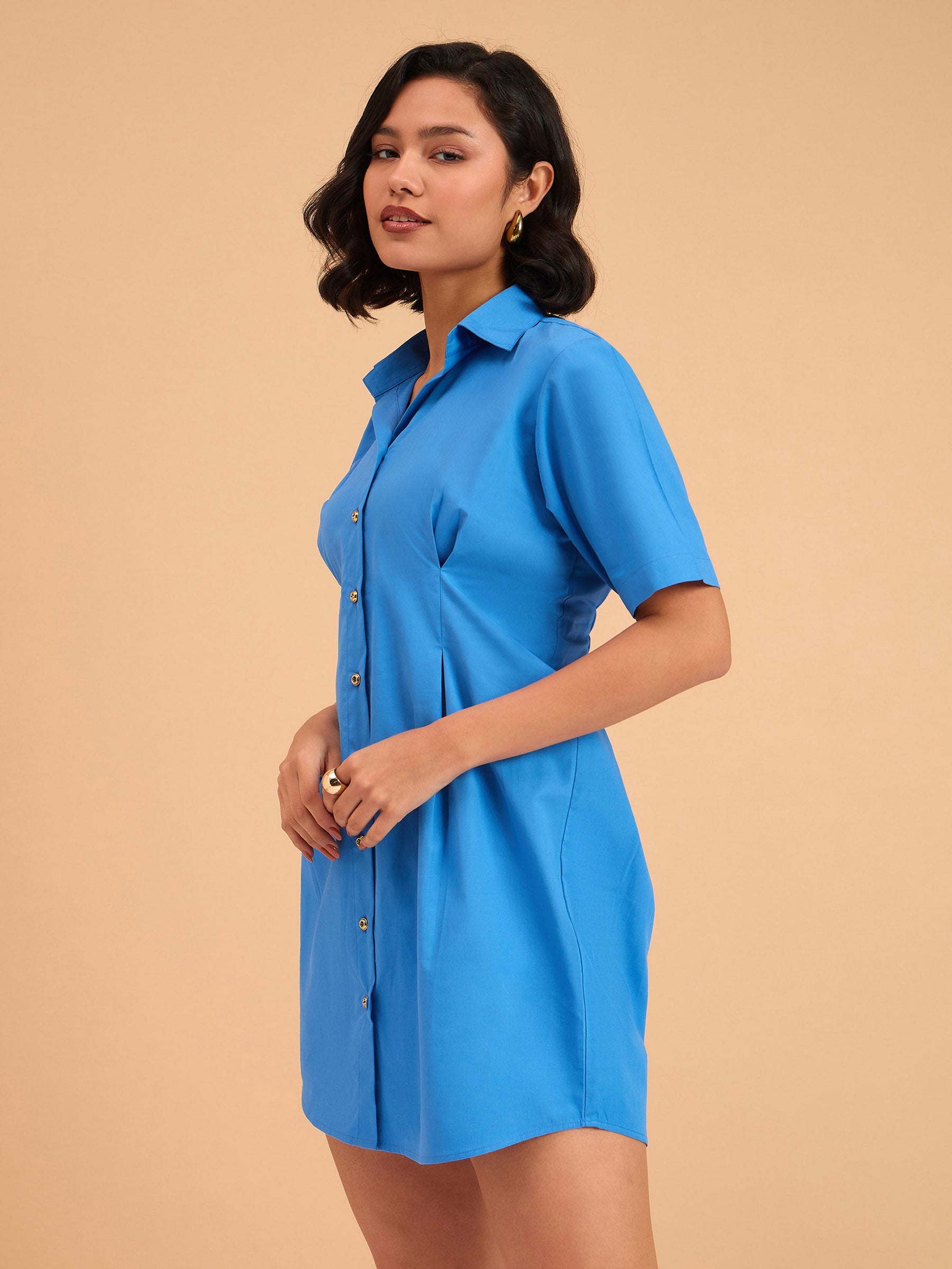 Royal Smocked Pure Cotton Shirt Mini Dress-SASSAFRAS