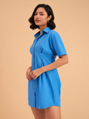 Royal Smocked Pure Cotton Shirt Mini Dress-SASSAFRAS