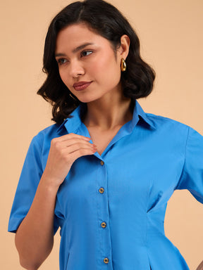 Royal Smocked Pure Cotton Shirt Mini Dress-SASSAFRAS