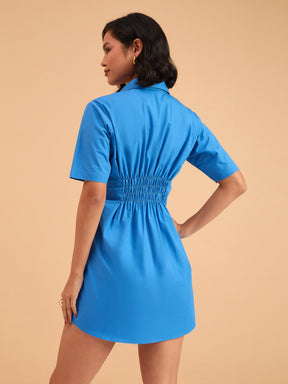 Royal Smocked Pure Cotton Shirt Mini Dress-SASSAFRAS