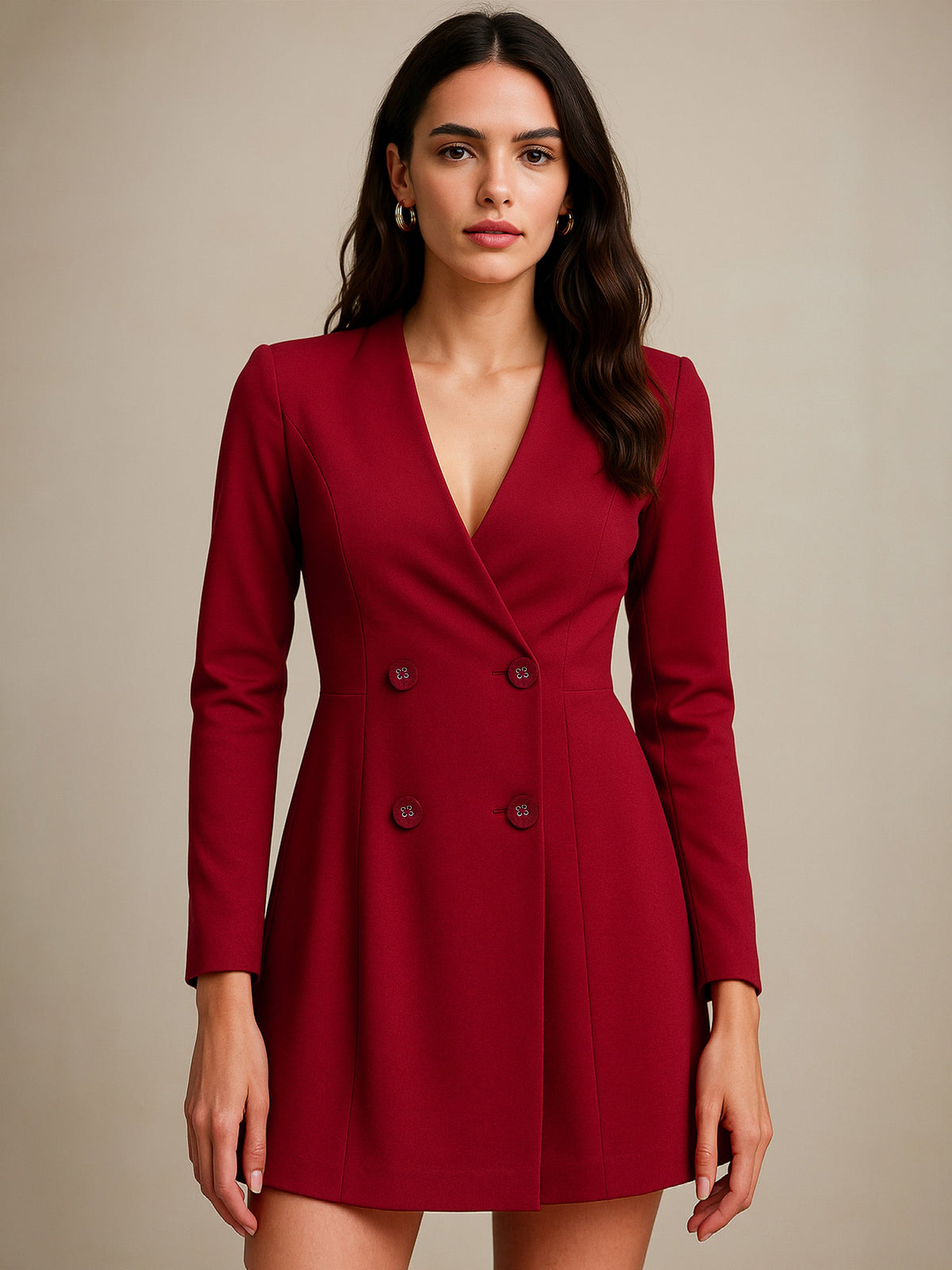 Maroon Double Breasted Short Dress-SASSAFRAS