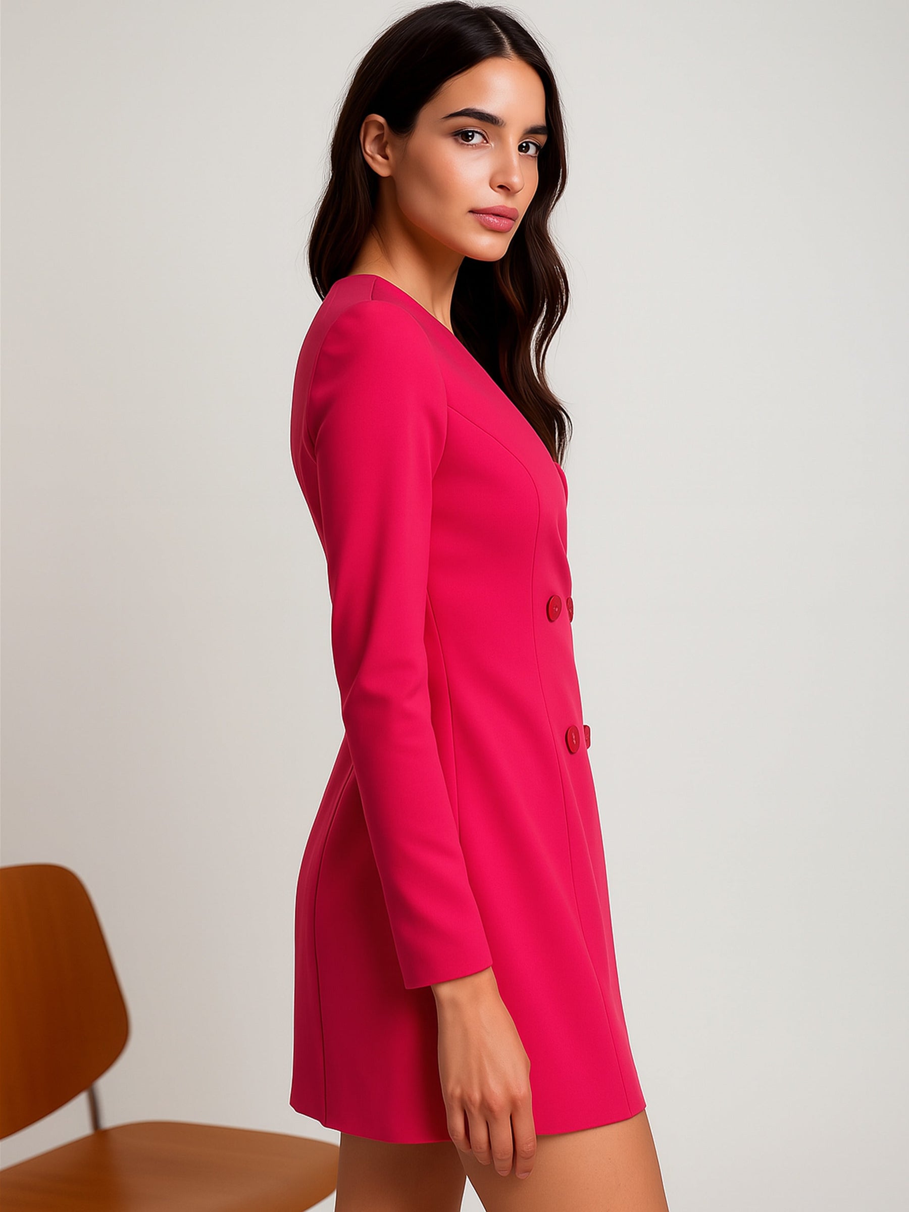 Fuchsia Double Breasted Short Dress-SASSAFRAS