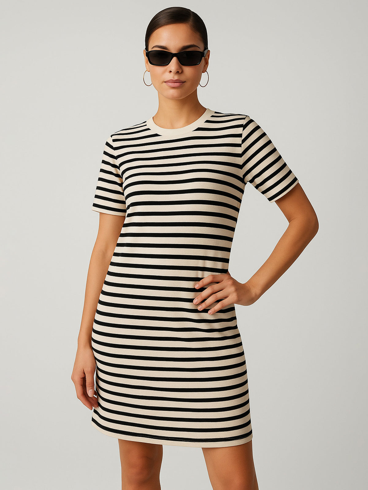 Black & Beige Stripe Short T-shirt Dress-SASSAFRAS