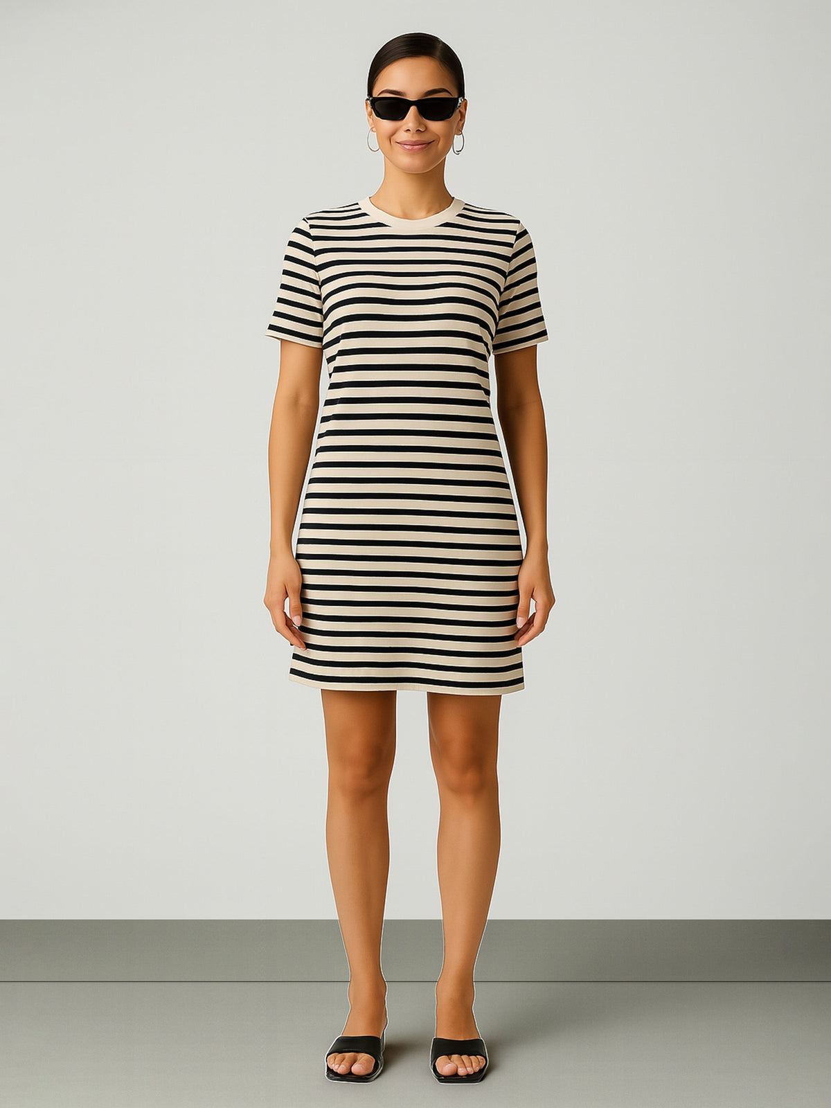 Black & Beige Stripe Short T-shirt Dress-SASSAFRAS