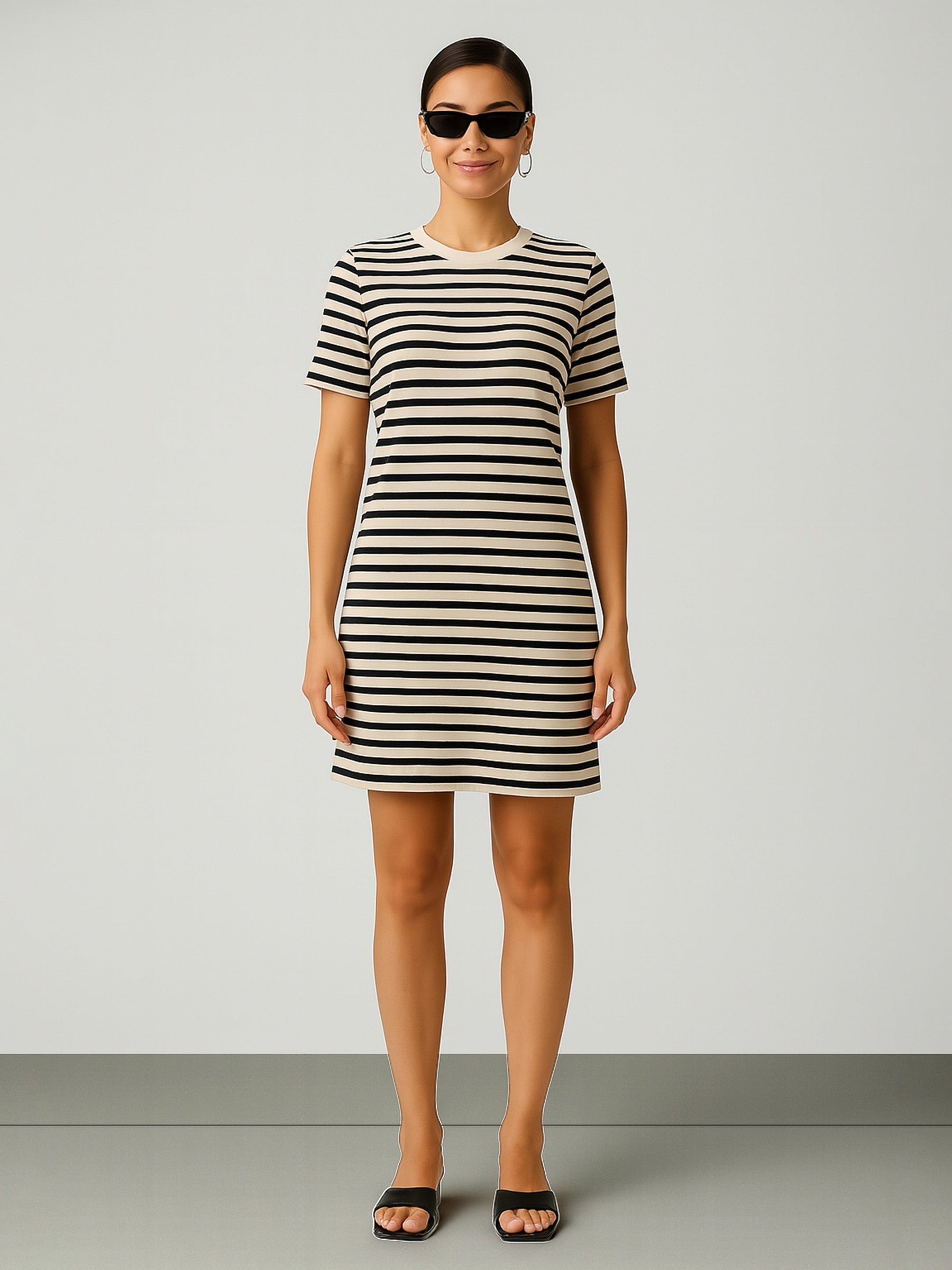 Black & Beige Stripe Short T-shirt Dress-SASSAFRAS