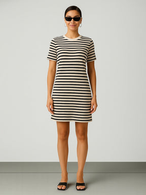 Black & Beige Stripe Short T-shirt Dress-SASSAFRAS